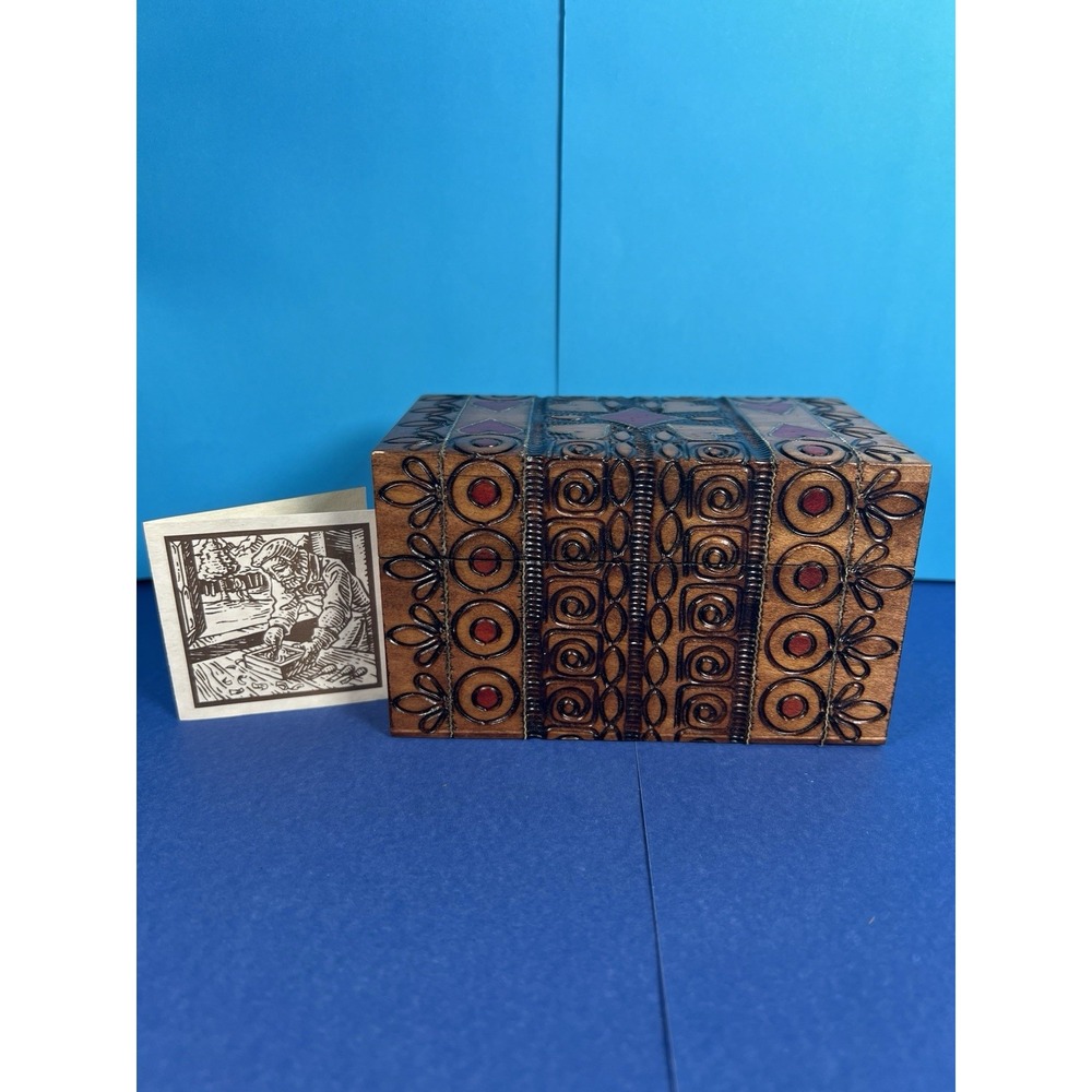 M Cornell Rectangular Wooden Card Box 4.5" Hand Carved Brown Wood From Poland
